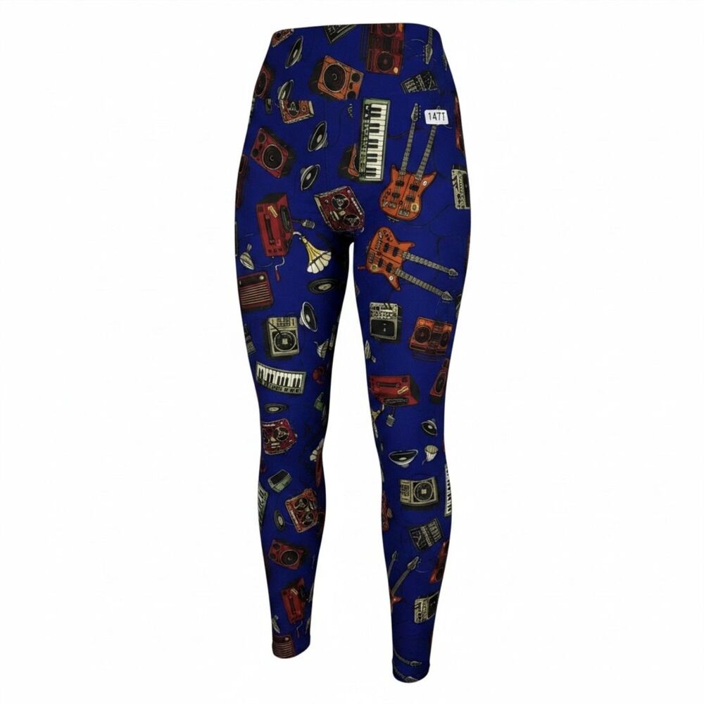 LuLaRoe TC2 Leggings Blue Music Print Guitar Boombox Keyboard Stretch Plus Sz